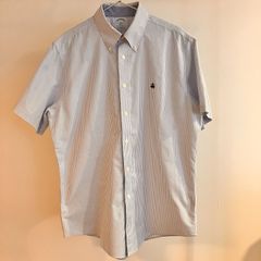 【美品】Brooks Brothers（ブルックス ブラザーズ）半袖ボタンダウン・シャツ　SIZE:L Col:Blue/Whiteストライプ