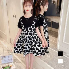 女の子 ドッキングワンピース 半袖ワンピ キッズ 半袖 可愛い ハート柄ワンピース 重ね着風 春 夏 ジュニア 子供服 ドレス 姉妹お揃い 発表会 オールインワン 普段着通学着通園着 ブラック ホワイト 黒 白 120 130 140 150 160 サイズ