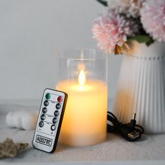 【在庫処分】【USB充電式】 ロウソク 本物の炎のようにゆらめく 暖色光 火を使わない ゆらゆら揺れる LEDキャンドルライト 安全 省エネ 専用リモコン付き 明るさ調整 充電式 AnnTec LEDキャンドル ガラス ホワイト （直径7.5cm×高さ10cm