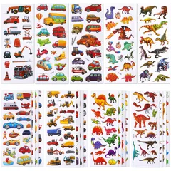 【人気商品】シール 恐竜 ごほうびシール 手帳シール ぷくぷくシール 乗り物シール 大量 車 乗り物と恐竜 ご褒美シール 子供シール 48シート SANNIX