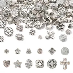 Beadthoven 約120個/箱 12種 アンティークシルバー 合金ビーズ スペーサービーズ チベット風 レトロ調 花 ハート クロス スター メタルビーズ チャームパーツ ジュエリー作成 手芸用 銀古美 アクセサリー DIY ハンドメイド材料