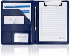 MT's SHOP(エムティーズショップ) PU レザー クリップ ボード ファイル サイズ 書類 フォルダ バインダー カード ポケット ペン ホルダー 搭載 オフィス 事務 用品(紺,  A5)