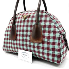 ✨紗栄子さん着用✨ PRADA プラダ ボーリングバッグ トートバッグ ハンドバッグ ギンガムチェック 三角ロゴプレート トライアングル ゴールド金具 ロゴ型押し ギャランティーカード 白タグ キャンバス レザー レディース ボルドー 赤茶色 ブラウン 茶色