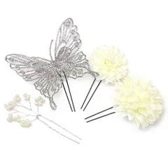 髪飾り 成人式 振袖 前撮り 袴 花 ４点セット シルバー 白 ラメ 蝶 蝶々 浴衣 髪型 ヘアスタイル ヘアアレンジ 和装 着物 No.9-3751