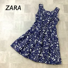 ZARA 総柄 ノースリーブ ミニ ワンピース ネイビー