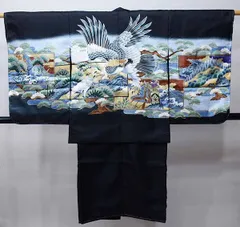 七五三 五歳 男児 羽織・着物・襦袢3点セット 豪華絢爛 黒 鷹 お仕立て無料 祝着 NO27449-2