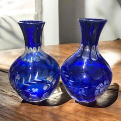 2個セット　昭和 レトロ 冠水瓶　瑠璃色 ひまわり　青　花瓶　ブルー 水差し瓶 デキャンタ 切子　伝統工芸品