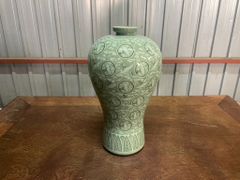 骨董 美品 韓国 青磁 壺 飾り壺 花瓶 フラワーベース 鶴 松 模様 在銘 