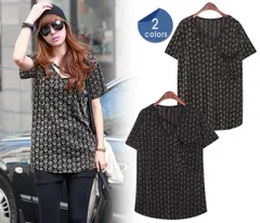 Tシャツ カットソー トップス レディース 半袖 ゆったり きれいめ 大きいサイズ Vネック 夏 春 韓国 おしゃれ 涼しい 透け感 スカル ドクロ 黒 ブラック