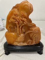 旧家蔵出し 寿山石細密彫 田黄石 松下老人紋 印章 篆刻 文房具 書道品 供養品 古美術品 収集家