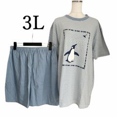 レディース　夏　パジャマ　半袖　ハーフパンツ　ペンギン　ブルー　3L　ショートパンツ　半袖Tシャツ