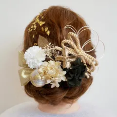 S9 金箔付き ダブルリボンとドライフラワーの髪飾り 黒
