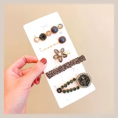 ヘアクリップ ヘアピン ヘアアクセサリー ブラック ゴールド 5点セット まとめ売り パール ストーン ビジュー フラワー 大きめ