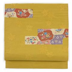 名古屋帯 幅31cm 長さ360cm レディース 花柄 秋冬春用 正絹（シルク）イエロー やや難 リメイク リユース リサイクル【呉服のきくや】