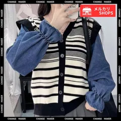 【送料無料】ドッキングニット ボーダー ニットトップス レディース デニム切り替え ニットセーター 韓国ファッション レイヤード風 ニットウェア 着やせ カジュアル 羽織り 韓国 ニットアウター レトロカーデ 春秋冬 新品 未使用 CH84MEIRJ-020