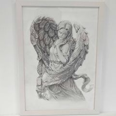 【福祉施設制作】東雲作　鉛筆画「天使の像」（フレーム付）　NO.1552