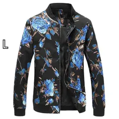 [L]秋冬 コーデ メンズ  服 シンプル ファッション オシャレ 大人 かっこいい 大きいサイズ ストリート 紳士服  黒 ブルーローズ フラワープリント ジャケット アウター スリムフィット 