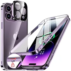 NIANGUO【ロック機能付き・自動ポップアップボタン】 iPhone14 Pro 用 ケース クリア 【両面強化ガラス】 9H硬度 【一体型レンズ保護】 アイフォン14プロ カバー アルミバンパーケース メタルフレーム 耐衝撃 傷防止 高感度タッチ 薄型 1