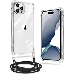 iPhone 15 Pro Max 用 ケース クリア カバー ショルダー ネック ストラップ付き 耐衝撃 全面保護 スマホケース 縄掛け 薄型 軽量 シリコン TPU 紐付き 斜めがけ 取り外し可能 落下・紛失防止 ワイヤレス充電対応 （透明）