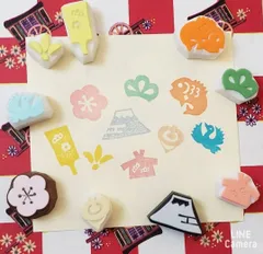 消しゴムはんこ 年賀状 羽子板 富士山 鯛 梅 松 虎 ポチ袋