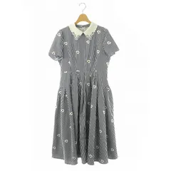 トッコ TOCCO 24SS 襟付きフラワー刺繍×ギンガムチェックワンピース ロング 半袖 M ネイビー ホワイト /HK ■OS