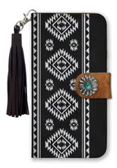 iPhone14ProMax ケース 手帳型 アイフォン14 プロマックス スマホケース フリンジ ストラップ付 コンチョ ネイティブ オルテガ柄 刺繍 カジュアル ネイビー 水色 ブルー ピンク おしゃれ カラー09