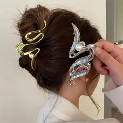 ヘアクリップ レディース 春夏秋冬 ウエーブモチーフ 波々 バンスクリップ 髪留め 大きめ 合金 フェイクパール 個性的 上品 大人 金