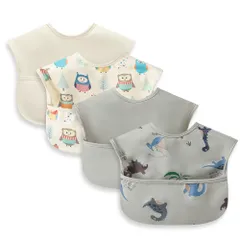 【新着商品】赤ちゃん 4枚セット 防水よだれかけ 速乾 - 洗濯機で洗える 保育園エプロン 立体 名前を書ける 3D 【保育士推奨】 エプロン 保育園用 離乳食 ベビー 男の子 お食事用エプロン 女の子 [スリーマッシュルーム]