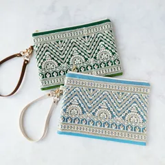 フラットポーチ　大きめ　20cmファスナー　インド刺繍リボン　マルチケース