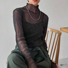 シアートップス ハイネック グリッターシアートップス グリッタートップス 紺色トップス ブルーシャツ ラメトップス 長袖 Tシャツ 高見え 着やせ お呼ばれ 結婚式お呼ばれ 綺麗めカジュアル ママブラウス ザラ イエナ アローズ ミラオーウェン