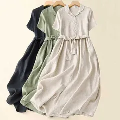 XL 2XL ロングワンピース シャツワンピース カーキ ネイビー ベージュ リネン マキシ丈 半袖 ロング丈 ミモレ丈 夏 ぽっちゃり ゆったり 大きめ 大きいサイズ マタニティ ウエストマーク 着痩せ 体型カバー ママコーデ シンプル 骨スト