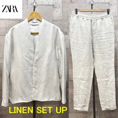 ZARA リネン ノーカラー スーツ M メンズ ザラ 上下セットアップ 麻 カジュアルスーツ