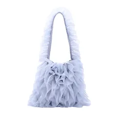 [Lapimou] フリルバッグ トートバッグ 手提げバッグ ハンドバッグ バッグ ワンショルダー トート フリル チュール レディース a4 大きめ 大容量 人気 おしゃれ かわいい [ブルーグレー]