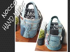 No.636【DENIM✖️fur✖️英字 丸底バケツ型ToteBag💚】デニムリメイクトートバッグ👖