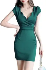 ISLAYCAOLILA キャバドレス ミニドレス カシュクール ワンピース Vネック タイト クラブ 一分袖 ノースリーブ ハイウエスト レディース E84( フォレストグリーン,  S)