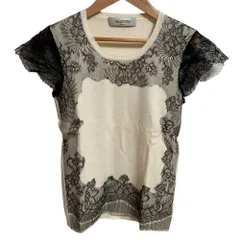 美品 VALENTINO ヴァレンティノ シルク×カシミヤブレンド レースコンビ ニット プルオーバー カットソー ブラック×アイボリー レディース 古着 中古 USED