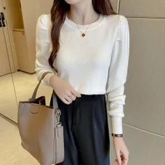 ☆ ホワイト ☆ M ☆ ニット トップス レディース 長袖 おしゃれ yzm023 ニット セーター レディース ニットセーター シャツ スリーブセーター ニットソー ラウンドネック 長袖 パフスリーブ かわいい 無地 シンプル エレガント 春 秋 冬
