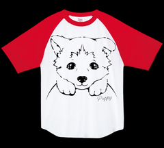 いぬイラスト/オリジナルデザイン/00106-CRT/Printstar5.6ヘビーウェイトラグランTシャツ/ホワイト×レッド
