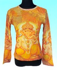 インドの神様Tシャツ ヒンドゥー教ガネーシャ レディースMサイズ 長袖 ロングスリーブ アジアン エスニック FU-F-TS43