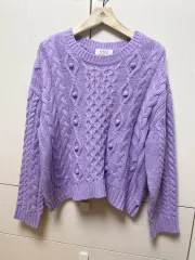 日本 ヴィンテージ ロイズファーム ライトパープル 段々 ポンポン ケーブル編み ニット M