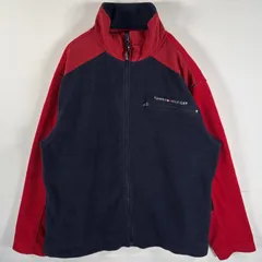 古着 90's/90年代 トミーヒルフィガー TOMMY HILFIGER フリースジャケット ワンポイント刺繍 フルジップ L レッド ネイビー メンズ