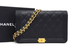 876◆ほぼ未使用【シャネル】ボーイシャネル マトラッセ チェーンウォレット キャビアスキン◆黒 シール有 カード有