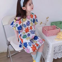 フラワーパフスリーブコットンワンピース