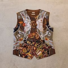 エルメス マルジェラ期 ベスト ジレ ノースリーブ ジャケット ブラウン シルク 褐色の男達の伝説 柄 ヴィンテージ LES MYTHOLOGIES DES HOMMES ROUGES