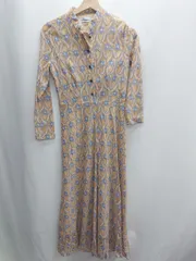 ◇ Θ YISO 花柄 <!-利用不可文字-!>ランドカラー 長袖 ロング ワンピース サイズM オレンジ レディース E  【1411280001554】