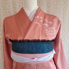OB.119　着物 おしゃれ着こなし　帯飾り　成人式　前撮り　卒業式　袴　浴衣　ターコイズ・黒ゴールド・黒　フリル