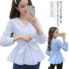 《送料無料》ウエストリボンベルト付きがアクセント！Vネックトップス レディース ブラウス シャツ トップス Vネック フリルブラウス 長袖 リボン Aライン フリル 無地 春 春服#tfc505