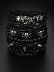 ジュエリー メンズ ブレスレット セット 6個セット ゴシック パンク調 個性的なスカル リベット メタルデコレーション マルチレイヤー PUレザー編み込み ブレスレット、メンズの日常着やハロウィンに適しています