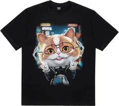 Four leaf TEE 猫 tシャツ おもしろ メンズ 半袖 面白い ビッグシルエット ティーシャツ ネコ ネタ プリント 猫柄 綿100 オリジナル 大きいサイズ カジュアル コットン めがね(ブラック,  L)