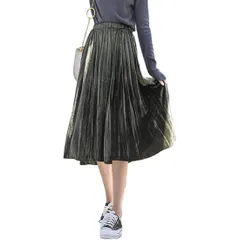 スカートレディース プリーツスカート 全2サイズ 秋 冬 ベロアスカート フレア ウエストゴム Aライン 無地 光沢感 着痩せ 体型カバー かわいい